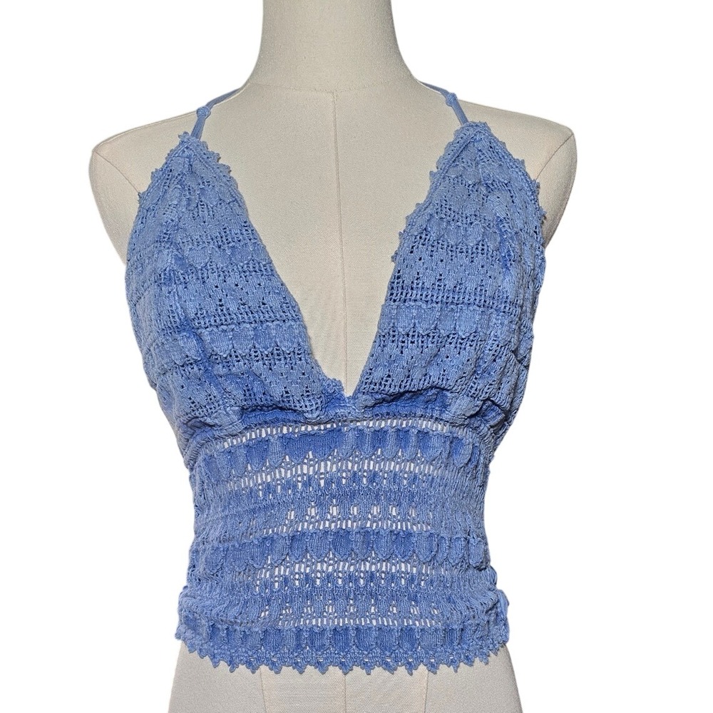 Blue Crochet Halter Top V-Neck Smocked Back Boho Festival Tank Sleeveless seemez
